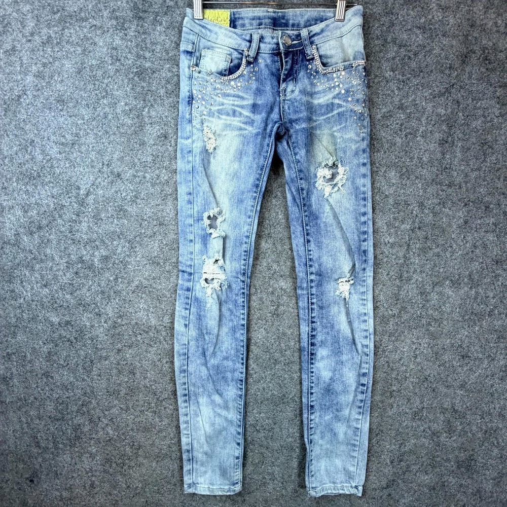 Machine Nouvelle Mode Skinny Jeans Women 1 Blue Y2K Denim Rhinestone Embellished